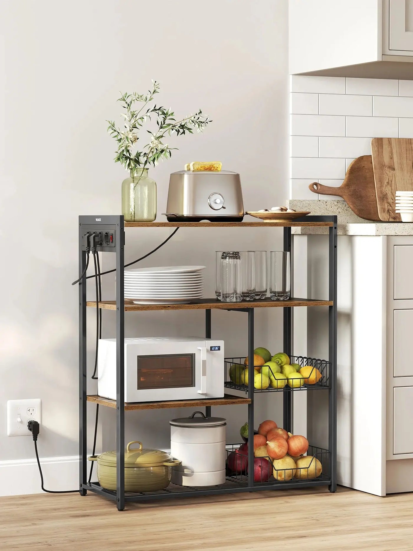 Kitchen Rack with sockets, 2 Metal Baskets, Microwave Shelf, 35x80x93.5 cm Industrial Design