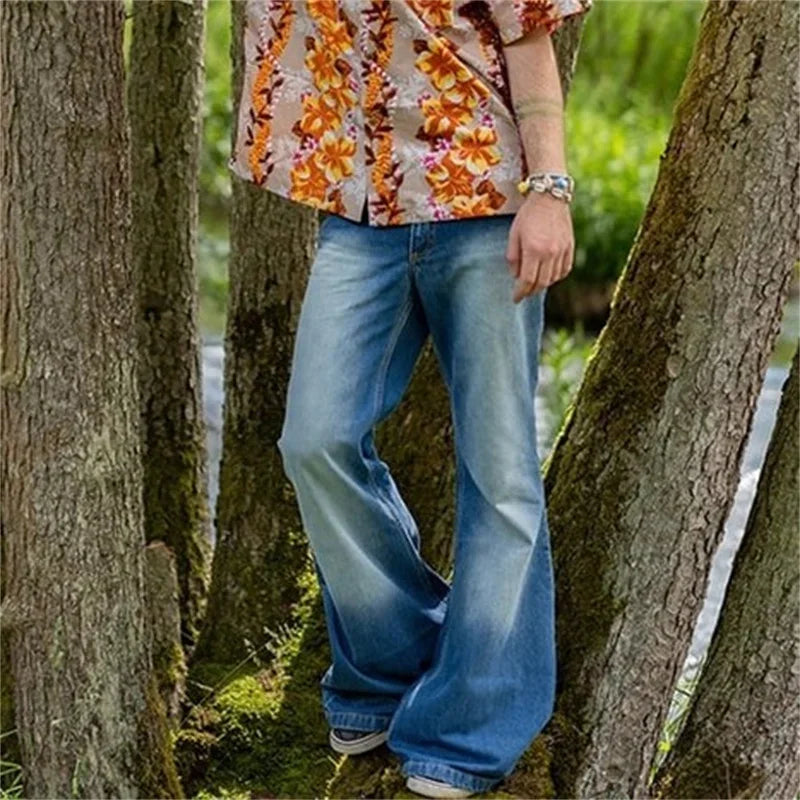 Men's Punk Style Splicing Pocket Embroidery Large Flared Jeans Male Vintage Four Seasons Blue Trousers Street Casual Denim Pants