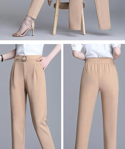 Elegant High Waist Elastic Harem Pants for Women Commuter Casual Capri Pants Fashion Solid Color Pockets Sashes Trousers 4XL