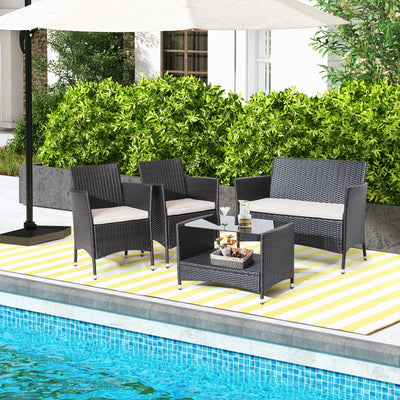 4PCS Patio Rattan Furniture Set Armrest Cushion Sofa Coffee Table withShelf Garden