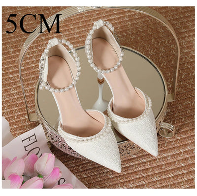 High Heeled Shoes Women's 2025 Summer with A Thin Heel and Pointed Toe A Straight Cut Lace Surface White Pearl Bridal Shoe Women