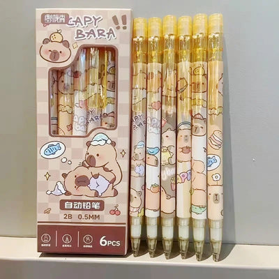 6Pcs/Set Cute Mechanical Pencils 0.5mm 2B Capybara Cartoon Auto Pencil with Eraser for Kids Students School Writing Supplies