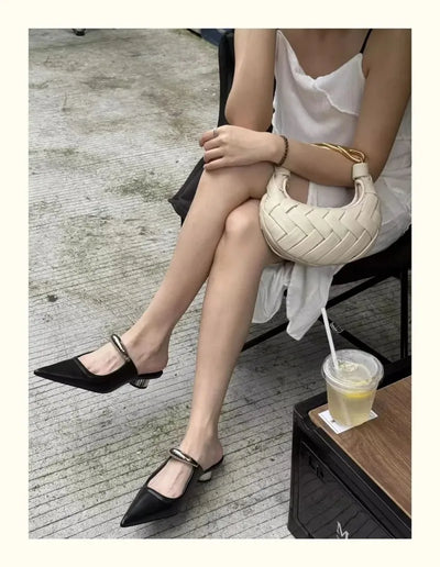 Chunky Pointed Toe Slippers Women Metal Buckle Retro Slides Female Comfy Fashion Low Heel Sandals Designer Mules Pumps Women