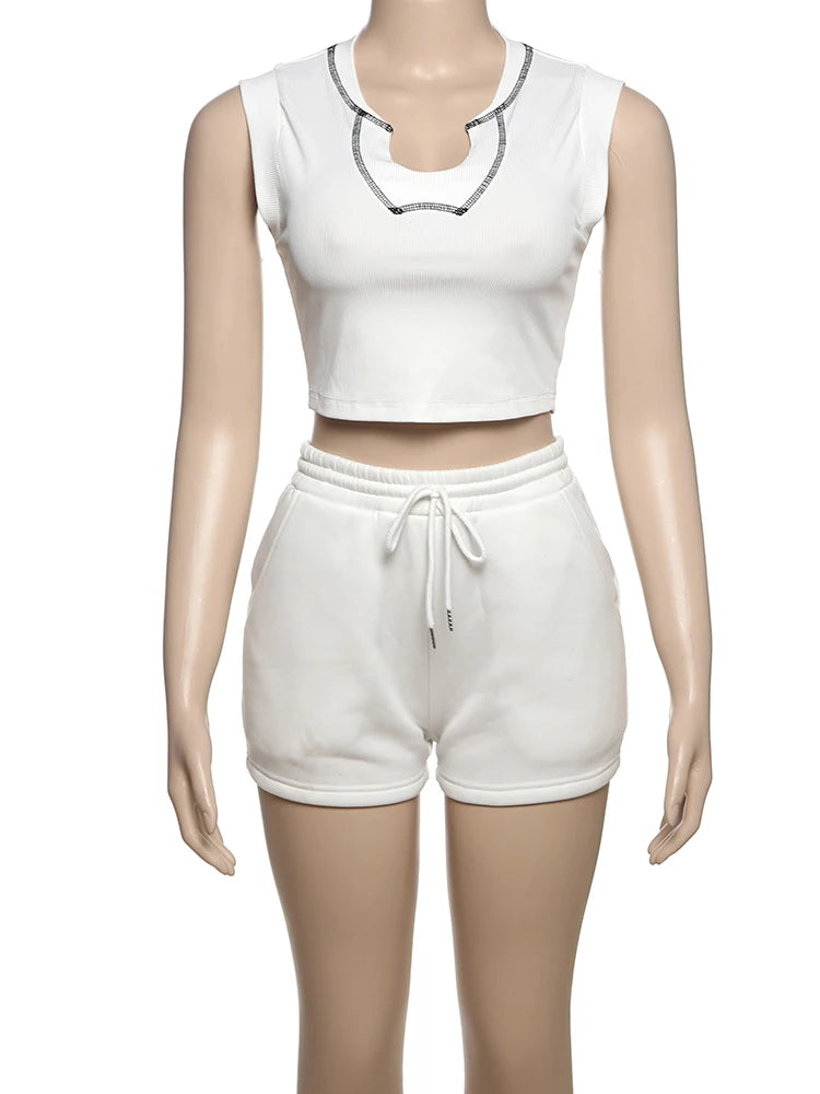 Weird Puss Casual Sporty 2 Piece Set Summer Women Tracksuit Basic Plain Vest+Cycling Shorts Matching Skinny Streetwear Outfits