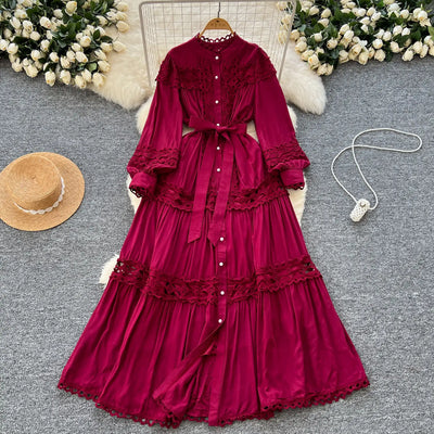 Elegant Long Maxi Hollow Out Dress Shirt Women Summer Autumn Palace Retro Pearl Button Embroidery Crochet Evening Party Vestidos