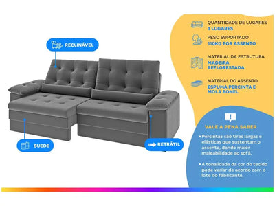 Sofa 3 Places Retractable Reclining Suede Thormatta Colombia SMP
