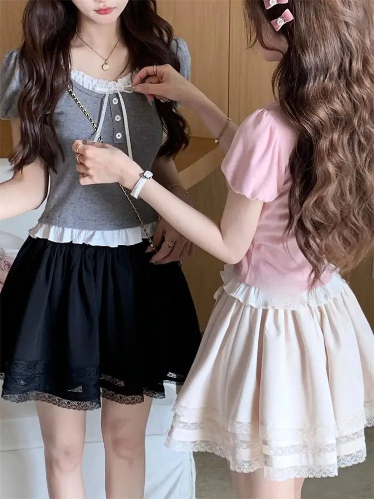 Pink Ruffle Edge Patchwork Short Sleeved T-shirt for Women Summer Cute Slim Two Pieces Girls Short Top Trendy