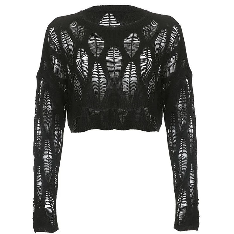 Hollow Ripped Long Sleeve Crop Top