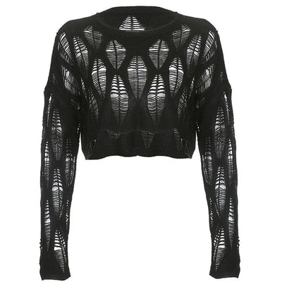 Hollow Ripped Long Sleeve Crop Top