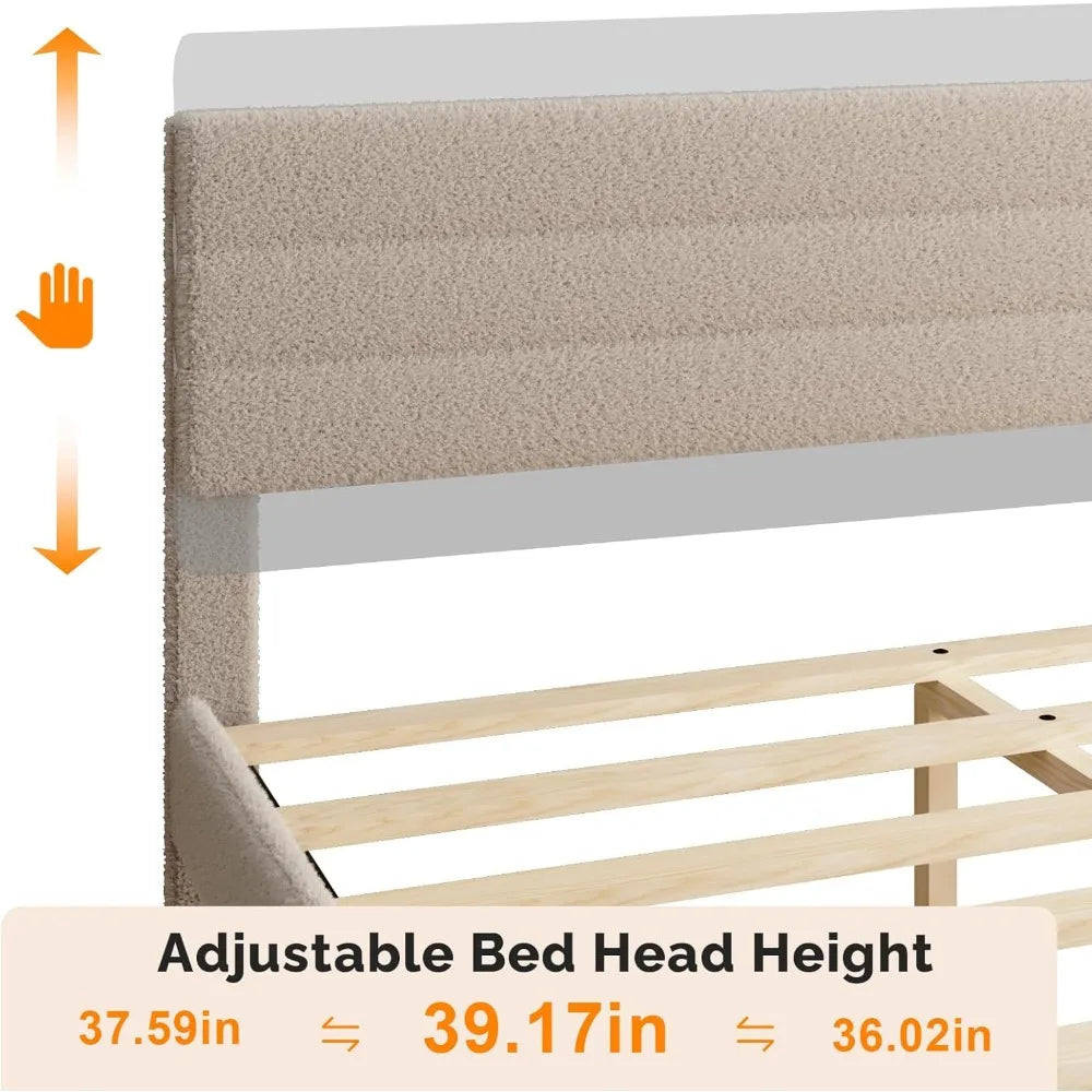 Twin Bed Frame for Kids,Boucle Upholstered Platform Bed with Adjustable Headboard,Sturdy Wood Slats Support,Cloud Single