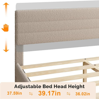 Twin Bed Frame for Kids,Boucle Upholstered Platform Bed with Adjustable Headboard,Sturdy Wood Slats Support,Cloud Single