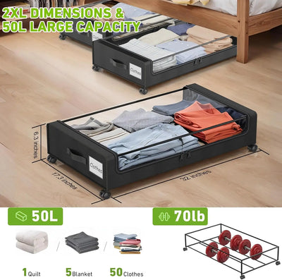 4-Pack XXL 60L Under Bed Storage with Wheels with Clear Lids - Rolling Drawers & Bins for Clothes,Shoes,Toys,(Black)