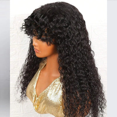 12A Cheap Water Wave Brazilian Human Hair Wig With Bangs Machine Made Wigs for Black Women Deep Wave Curly Wigs On Promotion