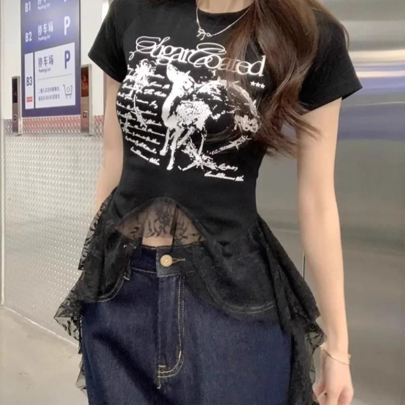 Y2K Brand Cute Deer Graphic Crop Top White Lace Ruffles Tassels Skirt T-shirts Punk Hip Hop E-girl Sexy Club Summer Tees Casual