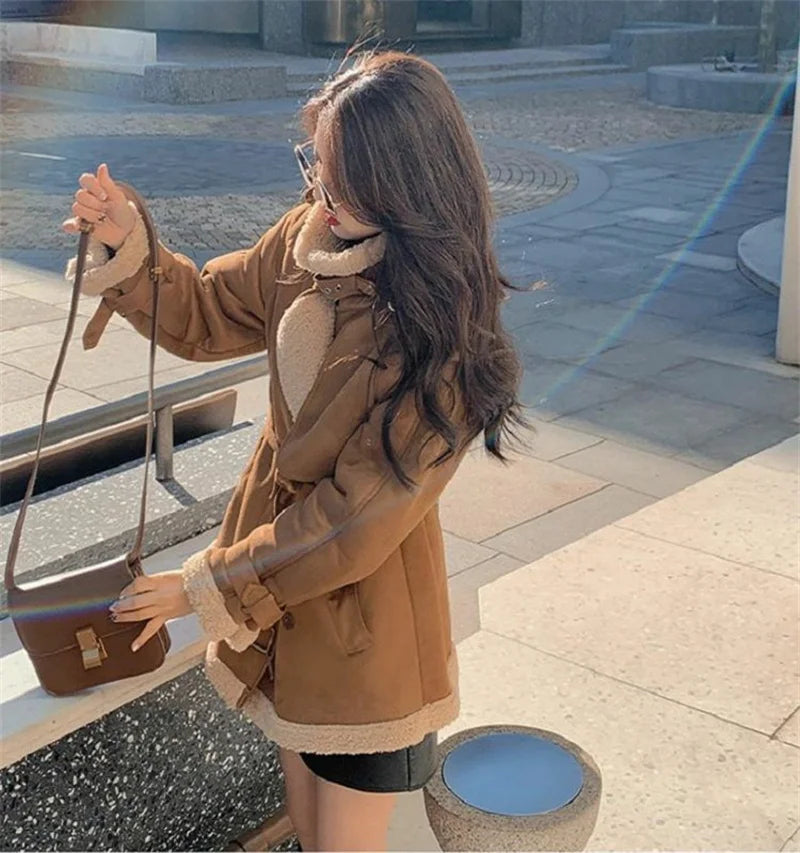 2024 Autumn Winter New Medium Long Double-breasted Lambswool Suede Woolen Coat Women Add Velvet Padded Warm Fur One Woolen Coats