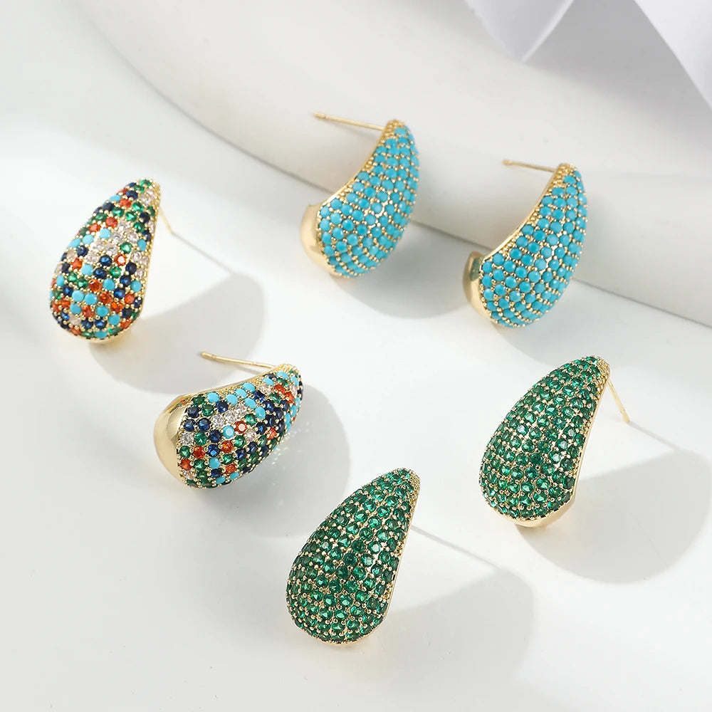 BenS CZ style Chunky Dome Drop Earrings for Women water drop small hoop earrings Brass cubic zirconia stud earring wholesale E55