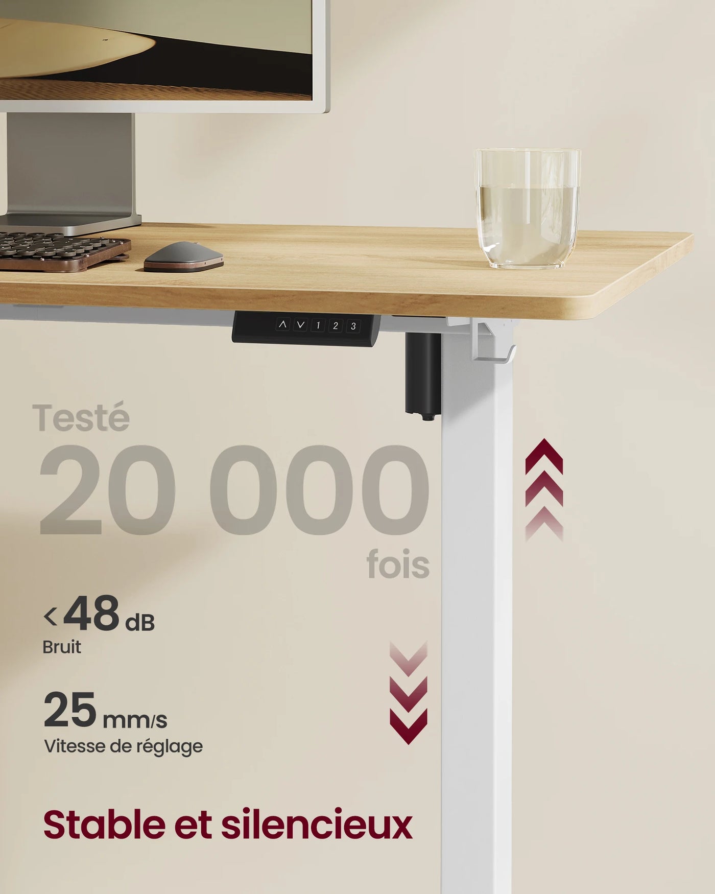Electric Height Adjustable Desk, without Table Top, with 2 Hooks, 3 Height Memory Function, Steel, Matte White