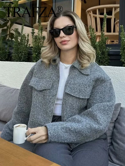 TRAFZA Women Vintage Casual Chic Solid Jackets Turn-down Collar Pockets Zipper Long Sleeve Coats Female Fashion 2024 Spring Coat