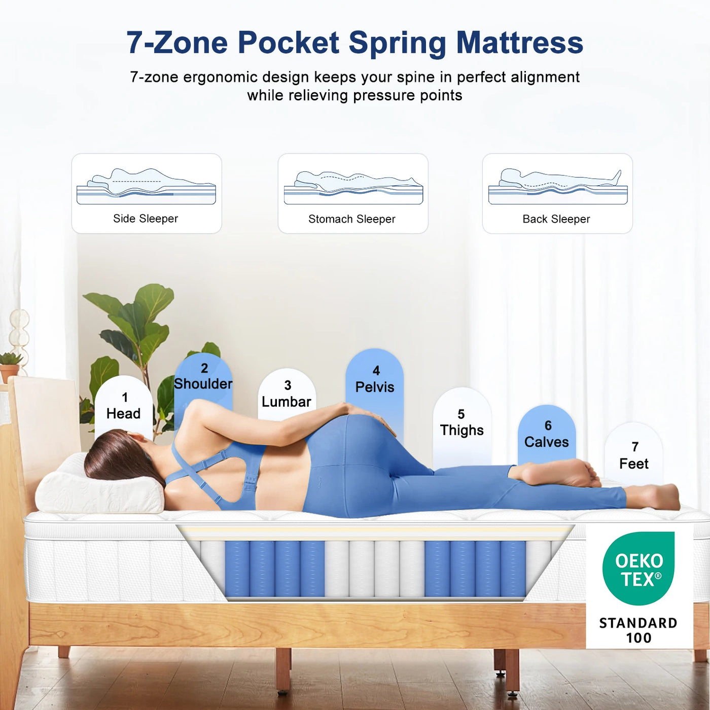 AUTHMIC 7-Zone Pocket Spring Mattress 25cm Thick Medium Firm Hybrid Breathable Anti-Mite Noiseless Bed for Adults Sleep Support