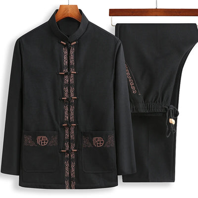 Tang Suit (top + Pants) Spring and Autumn Elderly People Door Flaperon Embroidery Father Men's Hanfu Chinese Style Suit