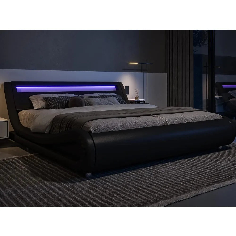 queen size led platform bed frame with adjustable headboard/no box spring need/easy assembly/faux leather in black