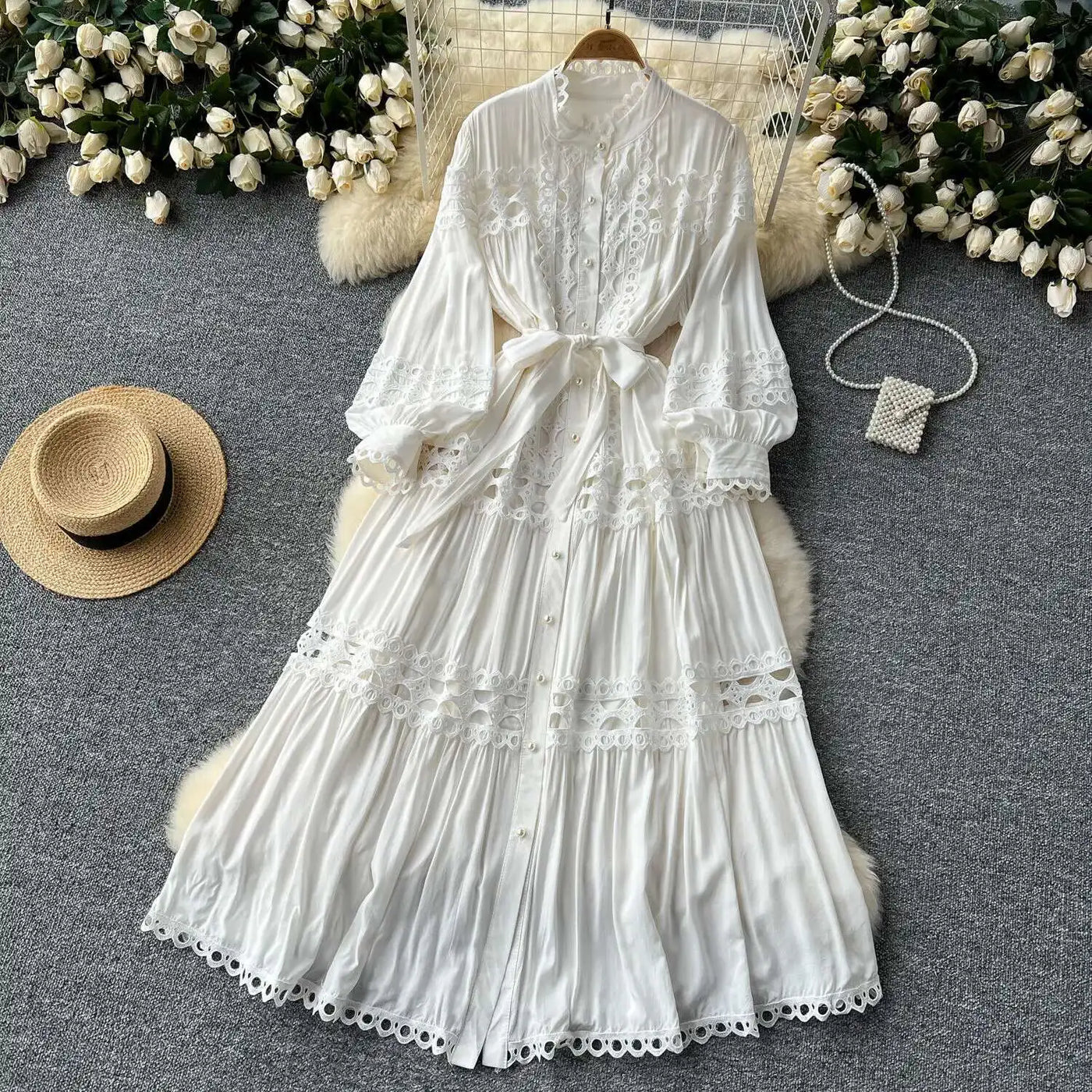 Elegant Long Maxi Hollow Out Dress Shirt Women Summer Autumn Palace Retro Pearl Button Embroidery Crochet Evening Party Vestidos