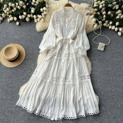 Elegant Long Maxi Hollow Out Dress Shirt Women Summer Autumn Palace Retro Pearl Button Embroidery Crochet Evening Party Vestidos