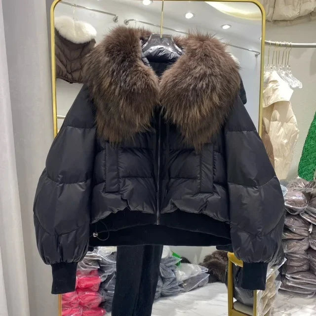 Fashionable Women's Winter Down Jacket Cropped Fox Fur Collar High End 90% White Duck Feather Coat Thick Long Sleeves