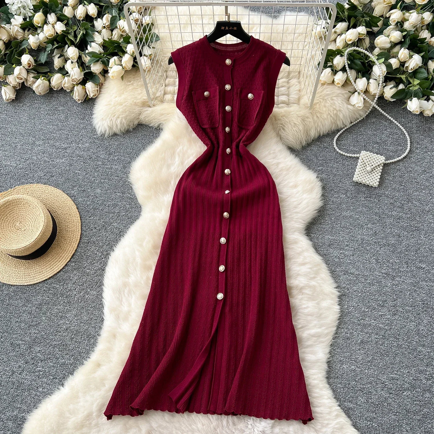 Women's Round Neck Sleeveless Dress Single-breasted Chic Elasticated Waist Slim Long Skirt   New High Quality Knitted Dress