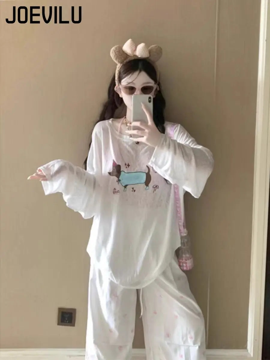 Women's Summer White Sheer Dachshund Print Loose Slim-Fit Long Sleeve T-Shirt Sun Protection Cover-Up Sweet Sexy Casual Lazy Top