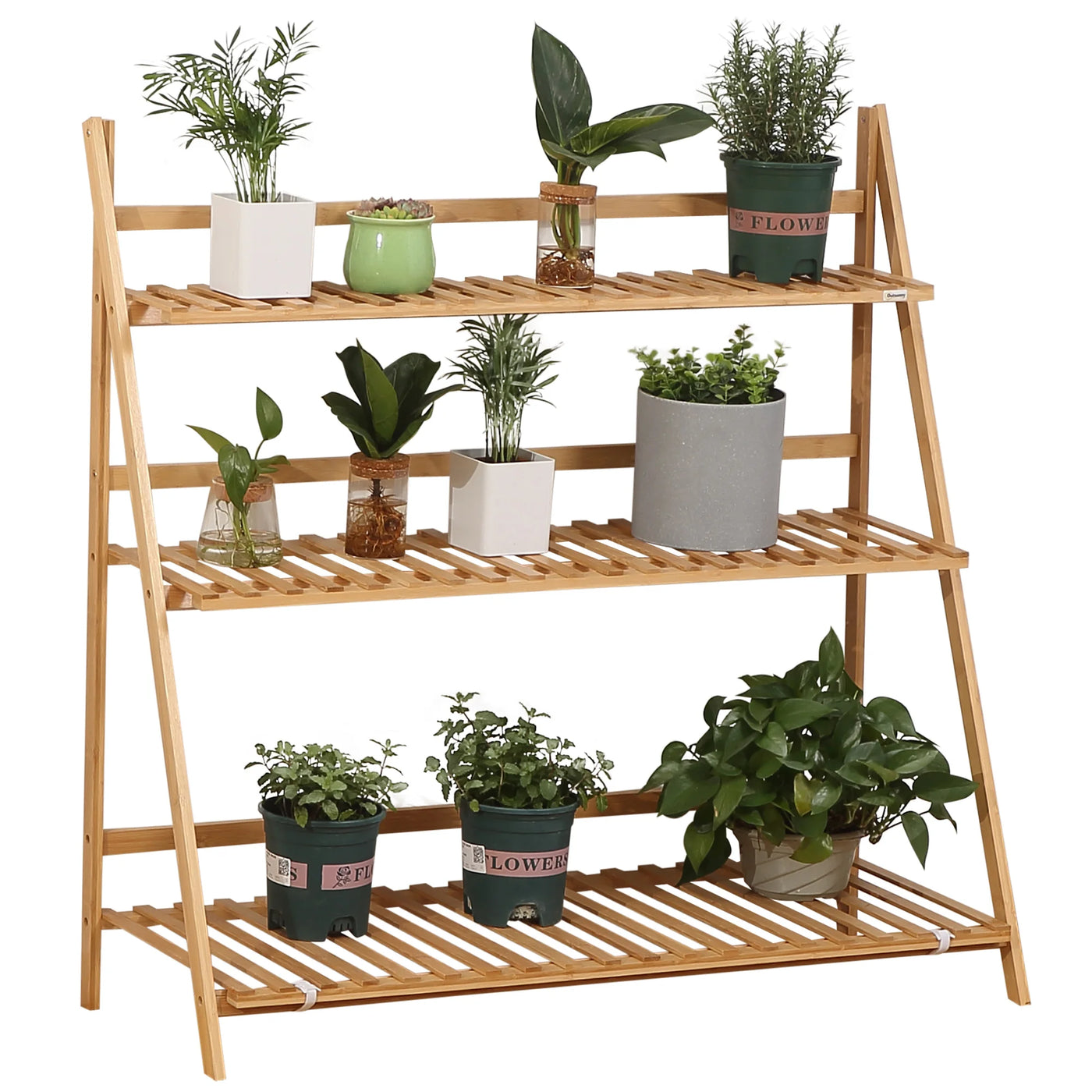 3-Tier Folding Bamboo Plant Shelf 100X39X97 cm