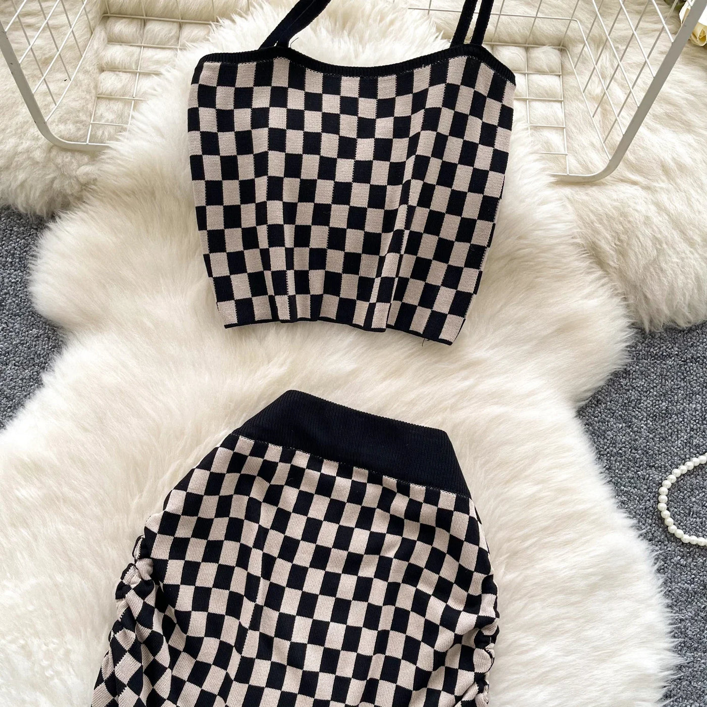 2025 New Vacation Style Plaid Suits Women Strapless Hotsweet Mini Tops+High Waist Bodycon Skirt Fashion Casual Knitted Sets