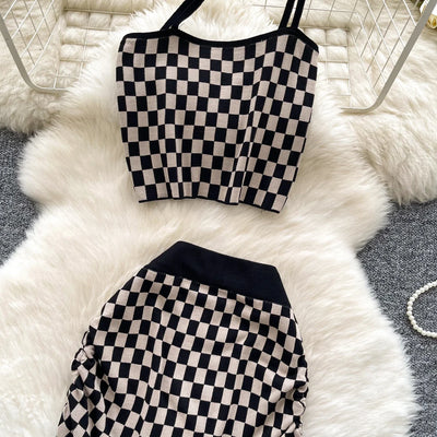 2025 New Vacation Style Plaid Suits Women Strapless Hotsweet Mini Tops+High Waist Bodycon Skirt Fashion Casual Knitted Sets