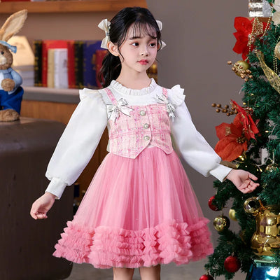Young Girl Spring  Autumn 2025 New Style Pink Casual Dress Birthday Party Dresses for Girls Purple Fluffy Dress 2-10 Years Old