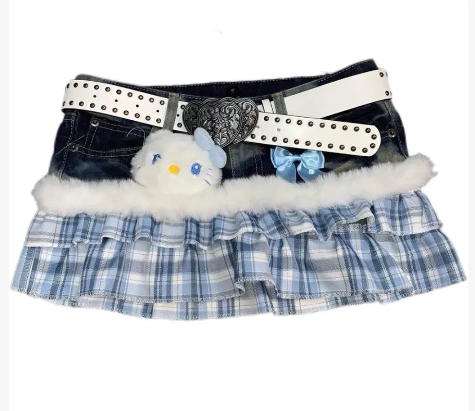 Harajuku Subculture Denim Leopard Print Splicing Y2k Skirt Kawaii Gothic Mini Pleated Skirt Casual Retro Streetwear Skirts Women