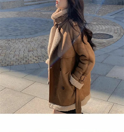 2024 Autumn Winter New Medium Long Double-breasted Lambswool Suede Woolen Coat Women Add Velvet Padded Warm Fur One Woolen Coats