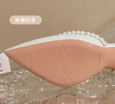 High Heeled Shoes Women's 2025 Summer with A Thin Heel and Pointed Toe A Straight Cut Lace Surface White Pearl Bridal Shoe Women