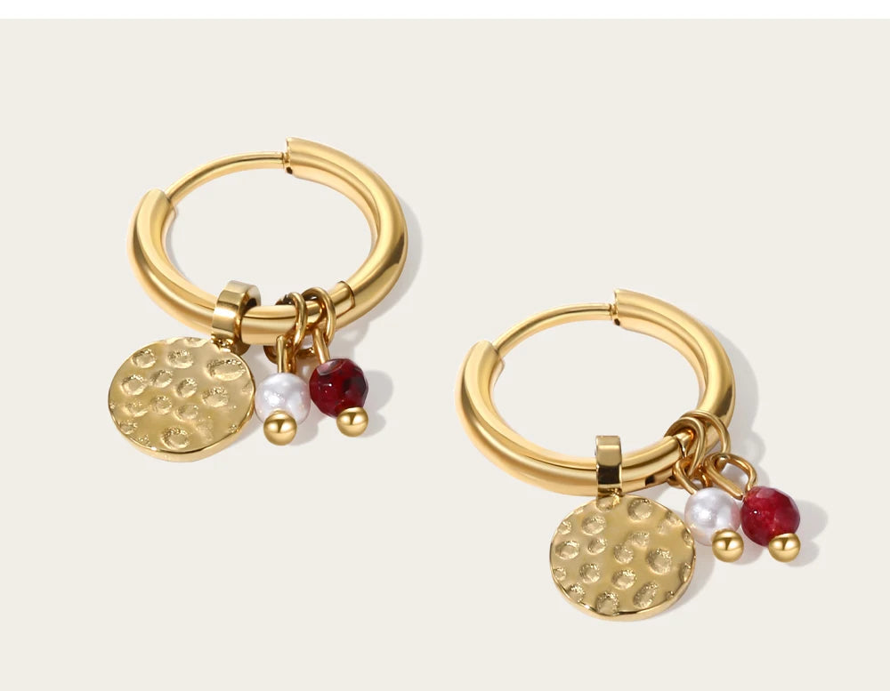 YACHAN 18K Gold Plated Stainless Steel Hoop Earrings for Women Tap Texture Metal Pearl Charms Earring Trendy Jewelry Gift