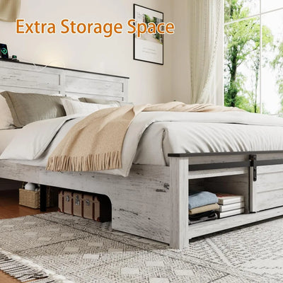 Wooden Queen Size Bed Frame with Headboard, Boho White Farmhouse Storage Bedframe with Sliding Barn Door Footboard and Charging