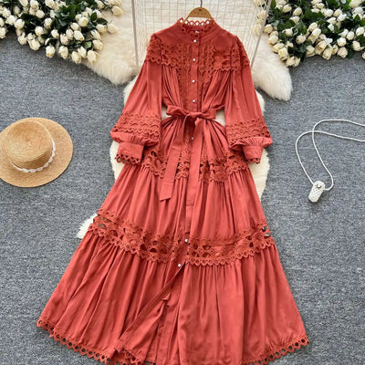 Elegant Long Maxi Hollow Out Dress Shirt Women Summer Autumn Palace Retro Pearl Button Embroidery Crochet Evening Party Vestidos