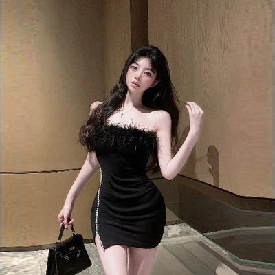 Strapless Dress Women Feather Collar Beaded Slit Birthday Party Wrapped Dresses