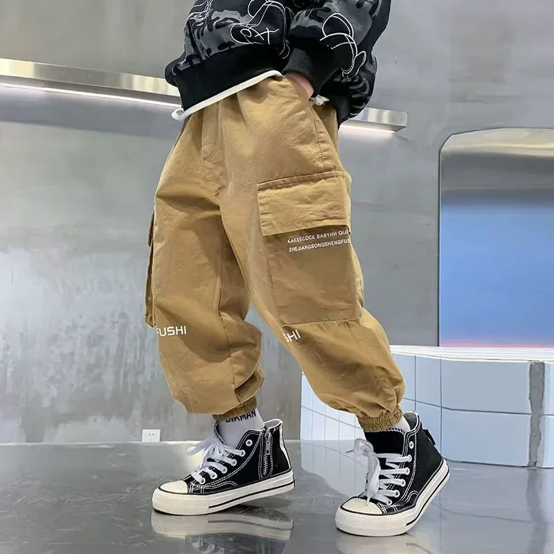 2025 New Boys Cargo Pants Spring Autumn Casual Long Style Trousers Kids Joggers Children Sport Outdoor Pants 4-14 Years