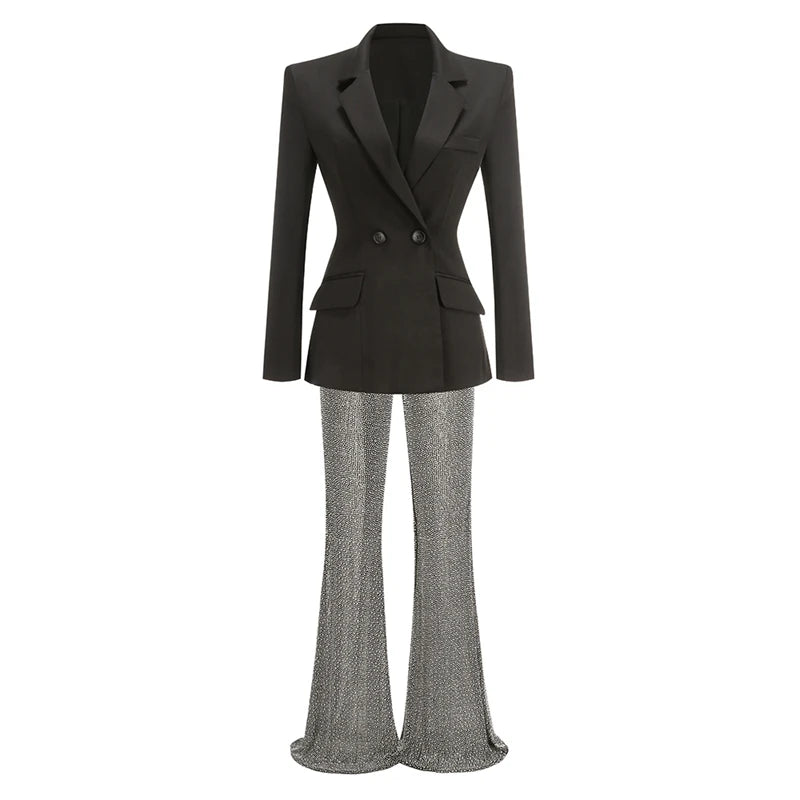 New Stylish Woman Oversize Suit Coat And Shining Diamonds Mesh Pants 2 Pieces Set Fashion Woman High Street Wear Party Outfit