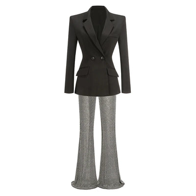 New Stylish Woman Oversize Suit Coat And Shining Diamonds Mesh Pants 2 Pieces Set Fashion Woman High Street Wear Party Outfit