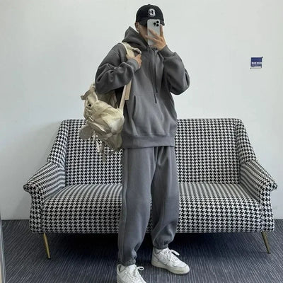 Hooded Sweatshirt Men's Autumn Winter Velvet Two-piece Set American Oversize Loose Casual Sweatpants Suit Aesthetic Streetwear