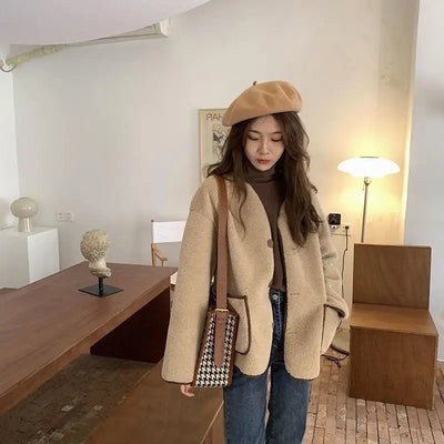 Women Autumn Winter Warm Teddy Coat Berber Fleece Round Collar Short Jacket Plush Outerwear Female Fashion Streetwear Clothes