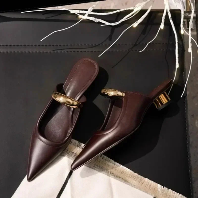 Punk Gothic Metal Buckle Low Heels Sandals Women 2025 New Pointed Toe Thick Heeled Summer Slippers Woman Platform Muller Shoes