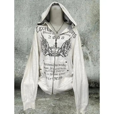 Print Tunic Hooded Y2k Coat Streetwear Fashion Casual Hoodies Tops Ropa Mujer Vintage Sweatshirts 2024 Women's Clothes White