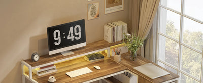 L Shaped Desk with Drawers and Storage Shelves, Home Office L Corner Desk with Monitor Stand, 55" x 24" Desktop Computer Desk