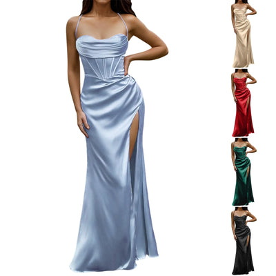 Green Women's Dress Lace Up Backless High Slit Corset Maxi Dress Elegant Vestidos Slim Fishbone Formal Dresses For Wedding Guest